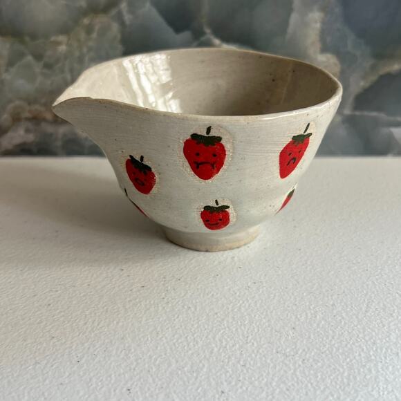 Studio Art Pottery Ceramic Matcha Bowl Hand Painted Strawberries Unique Gray - Picture 5 of 10
